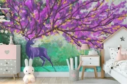 Wallpaper painted animals deer tree