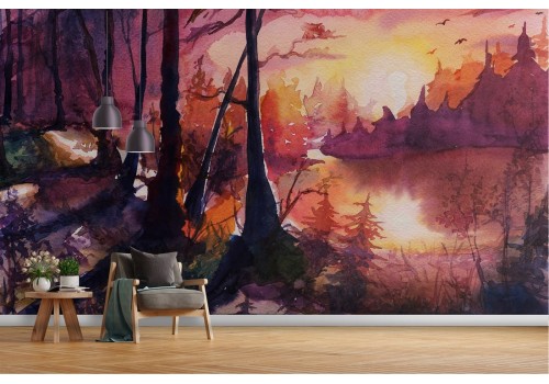 Wallpaper painted forest landscape 2