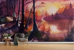 Wallpaper painted forest landscape