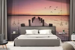 Wallpaper landscape pier on the sea sunrise sunset