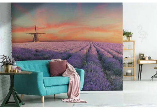 Wallpaper flowered meadow windmill landscape