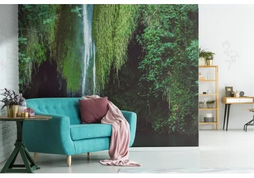 Wallpaper lake with waterfall in the forest nature landscape