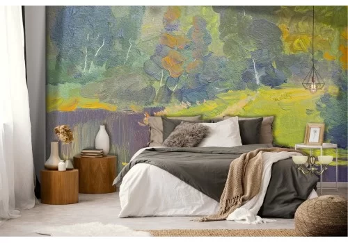 Carta da Parati paesaggio lago nel bosco dipinto 2