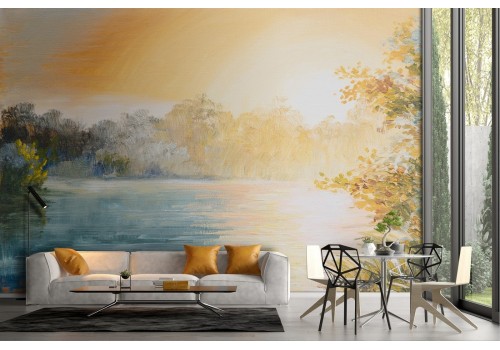 Wallpaper landscape painted lake in the woods