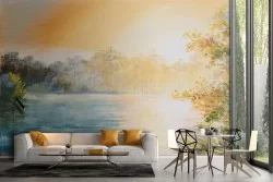 Wallpaper landscape painted lake in the woods