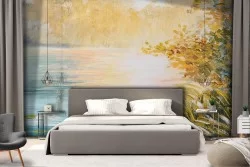 Wallpaper landscape painted lake in the woods