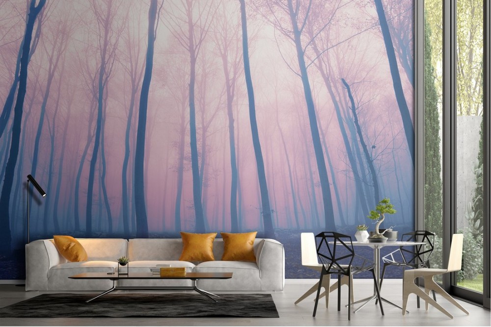 Carta Da Parati Adesiva Foresta Nebbia - 7 Strisce, Dimensioni 343x256 Cm, Rimovibile, Adesiva, Per Pareti Moderne