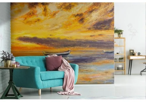 Wallpaper sea at sunset landscape painting