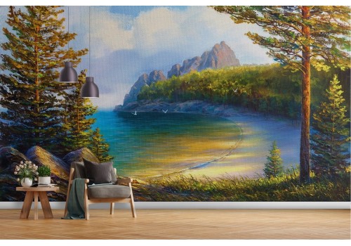 Wallpaper painted beach with forest 2