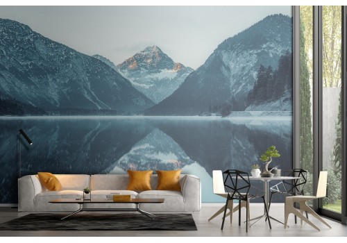 Wallpaper of lake between mountains with snow natural landscape