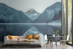Wallpaper of lake between mountains with snow natural landscape