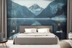 Wallpaper of lake between mountains with snow natural landscape