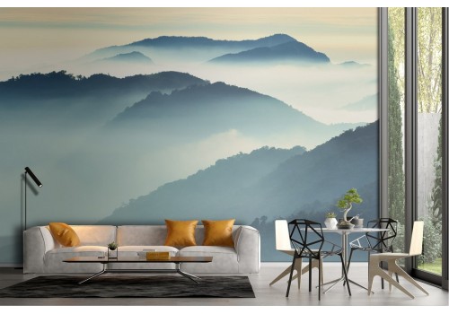 Wallpaper landscape mountains with trees in the fog