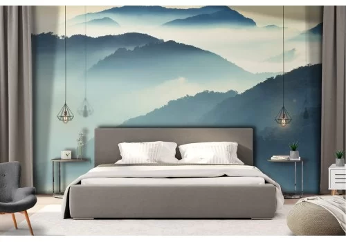 Carta da Parati paesaggio montagne con alberi nella nebbia 2
