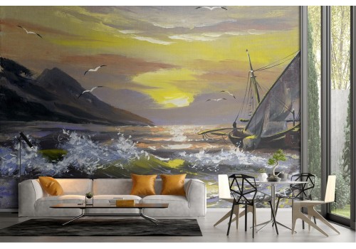 Wallpaper landscape painted boat on the sea