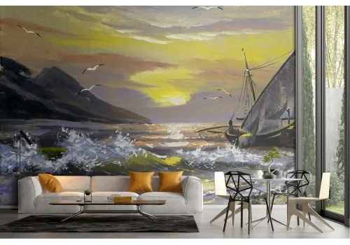 Wallpaper landscape painted boat on the sea