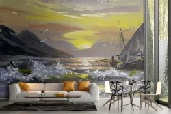 Wallpaper landscape painted boat on the sea