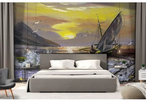 Carta da Parati paesaggio dipinto barca sul mare 2