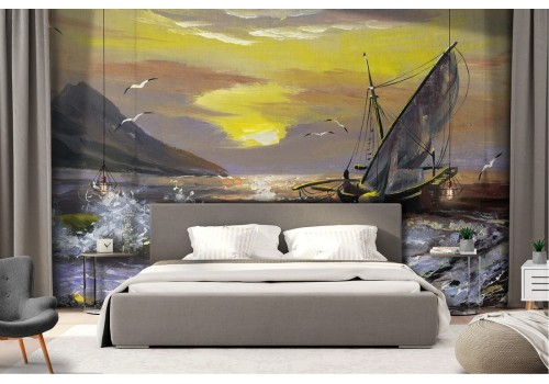 Wallpaper landscape painted boat on the sea 2