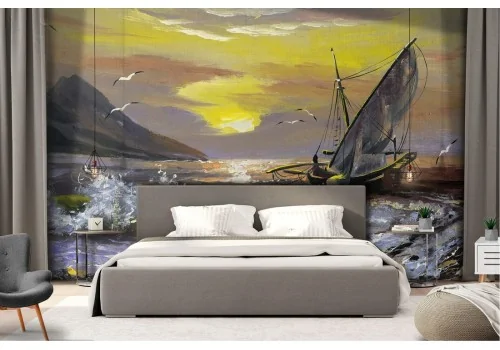 Wallpaper landscape painted boat on the sea 2