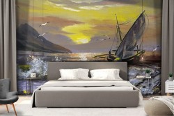 Carta da Parati paesaggio dipinto barca sul mare