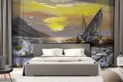 Wallpaper landscape painted boat on the sea