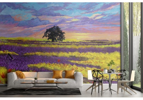 Wallpaper field of flowers with painted landscape tree