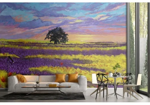 Wallpaper field of flowers with painted landscape tree