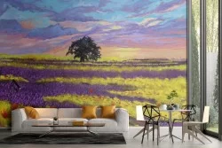 Wallpaper field of flowers with painted landscape tree