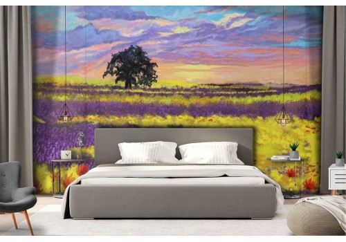 Wallpaper field of flowers with painted landscape tree 2