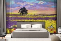 Wallpaper field of flowers with painted landscape tree
