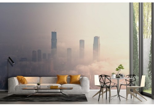 Wallpaper of skyscrapers among the clouds in a metropolis landscape