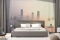 Wallpaper of skyscrapers among the clouds in a metropolis landscape