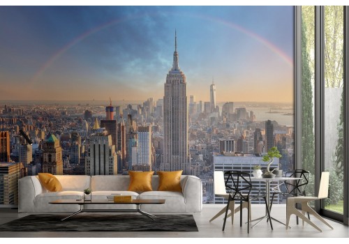 Wallpaper skyscrapers city with rainbow landscape