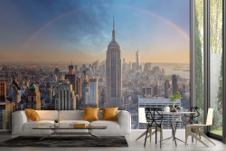 Wallpaper skyscrapers city with rainbow landscape