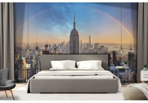 Wallpaper skyscrapers city with rainbow landscape 2