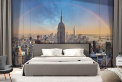 Wallpaper skyscrapers city with rainbow landscape