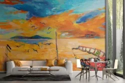 Carta da Parati dipinto tramonto sul mare paesaggio natura