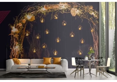 Carta da Parati lanterne nel bosco paesaggio fantasy