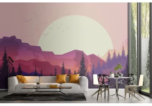 Carta da Parati illustrazione paesaggio montagne e alberi