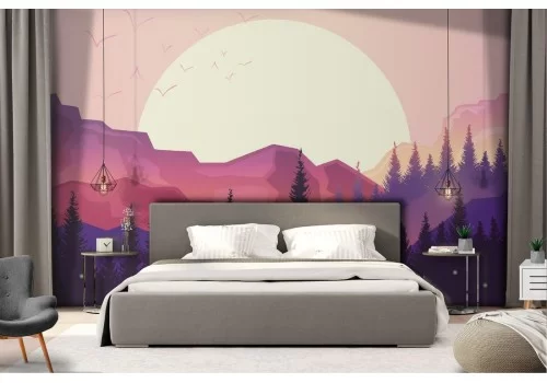 Carta da Parati illustrazione paesaggio montagne e alberi 2