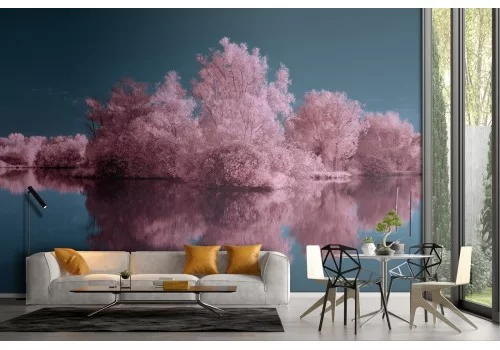 Carta da Parati paesaggio alberi rosa sul lago natura
