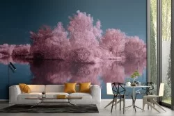 Carta da Parati paesaggio alberi rosa sul lago natura