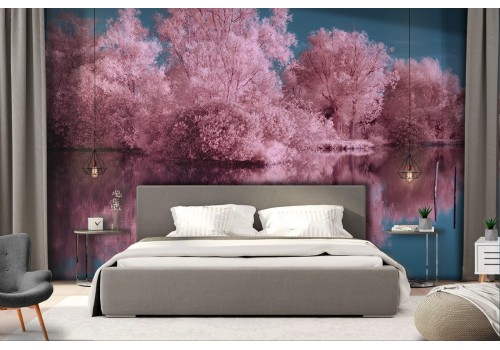 Wallpaper landscape pink trees on the lake nature 2