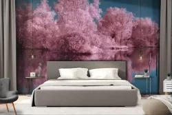 Carta da Parati paesaggio alberi rosa sul lago natura
