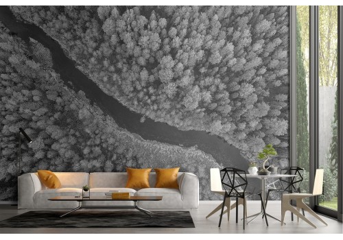 Wallpaper river in the forest landscape black and white