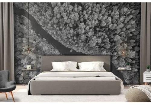 Carta da Parati fiume nel bosco paesaggio bianco e nero 2