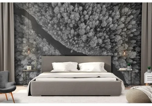 Wallpaper river in the forest landscape black and white 2