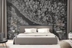 Wallpaper river in the forest landscape black and white