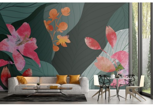 Carta da Parati foglie e fiori astratti natura moderna